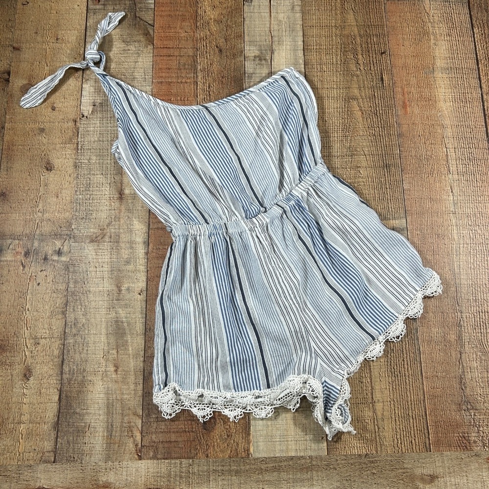 Abercrombie & Fitch One Shoulder Romper Striped Lace Trim Medium Coastal Beach